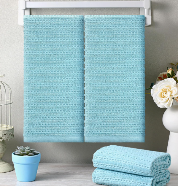 Waffle-Weave Hand Towels (Set Of 4), Pure Cotton, Turquoise